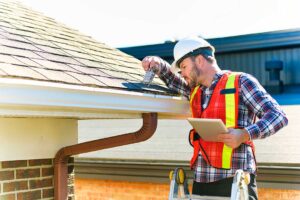 Homeowner examining a stained ceiling beneath a roof leak while water collects in a bucket