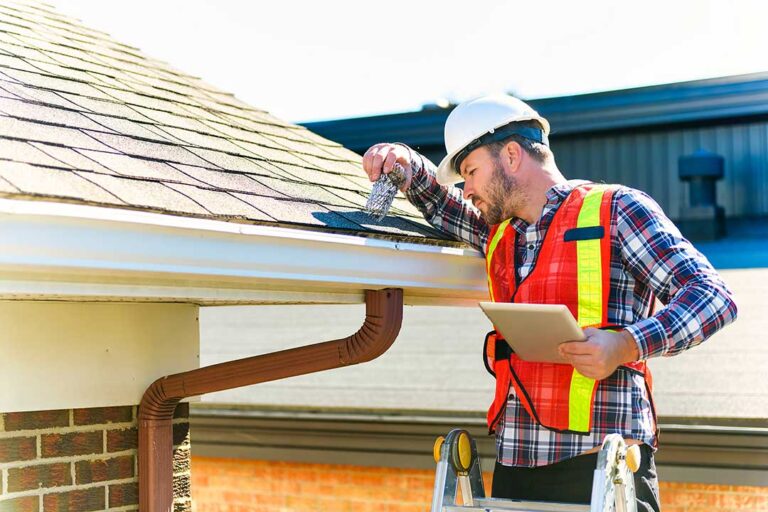 Homeowner examining a stained ceiling beneath a roof leak while water collects in a bucket