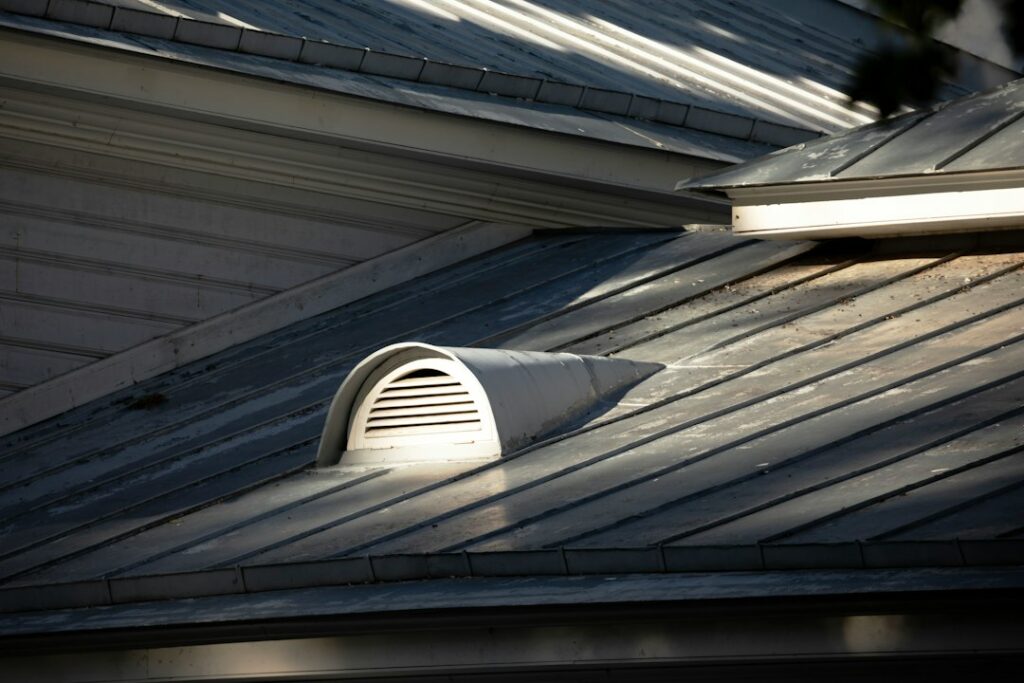 Squirrel entering a damaged roof eave beside a lifted shingle and worn soffit panel.