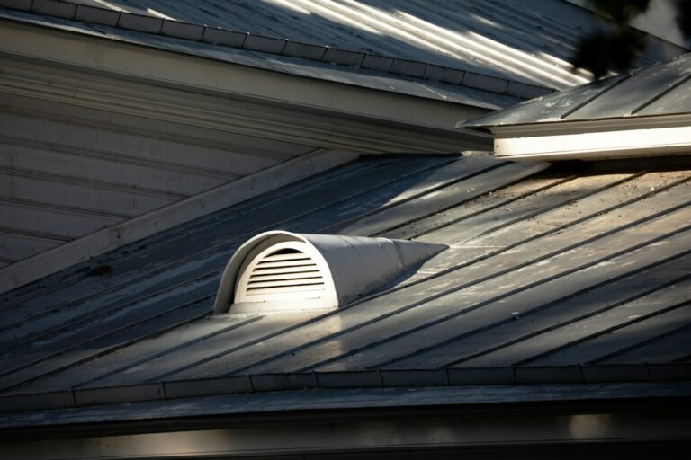 Squirrel entering a damaged roof eave beside a lifted shingle and worn soffit panel.